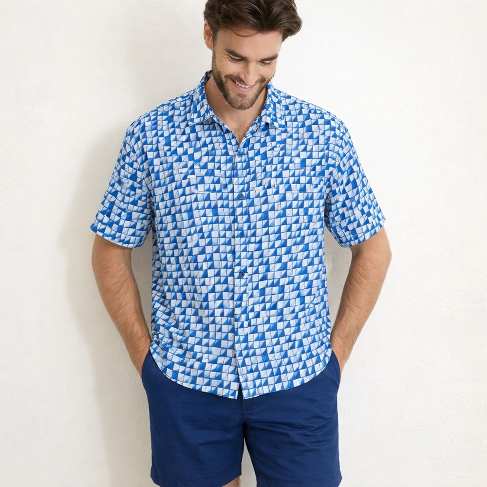 Tommy Bahama Men’s Blue Geometrical Silk Hawaiian Camp Shirt Sz XL Triangular